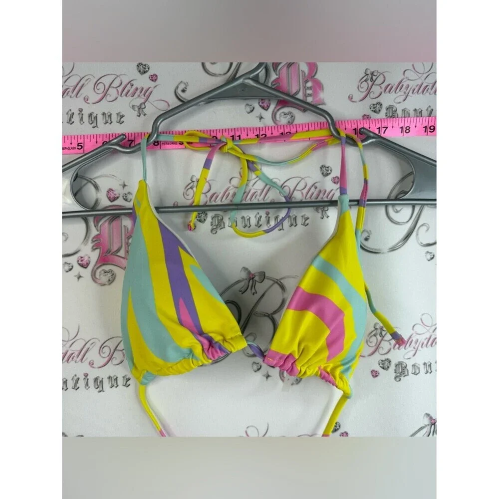 Bikini halter top Colorful Striped Triangle Bikini Top - Yellow, Pink & Mint
